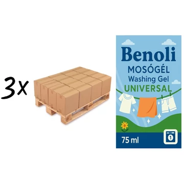 Benoli Mosógél Universal 75 ml, 3 Raklap, 180 doboz, 18.000 darab, 50 ft/darab, Vegyesen is rendelhető.