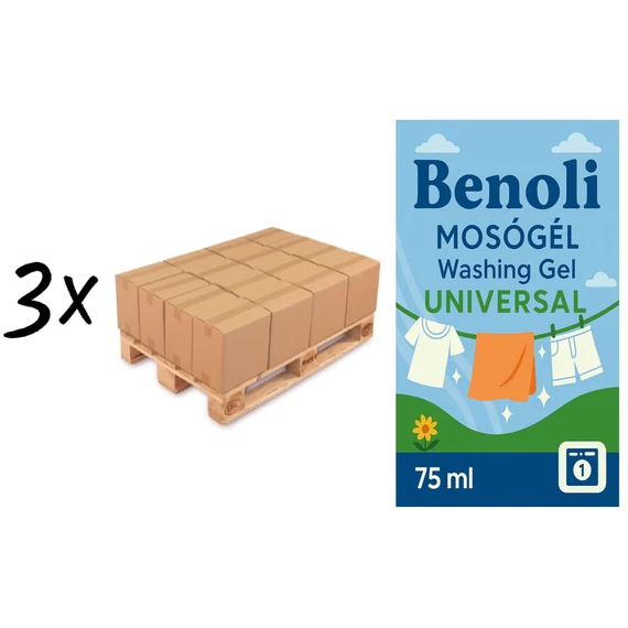 Benoli Mosógél Universal 75 ml, 3 Raklap, 180 doboz, 18.000 darab, 50 ft/darab, Vegyesen is rendelhető.